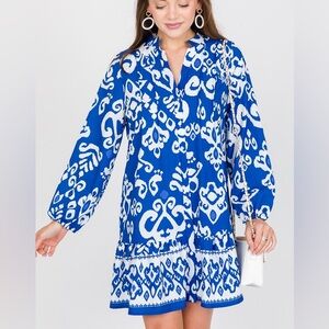 CASSEES Blue Ruffle Dress Boho Long Sleeve Button Front Womens Medium